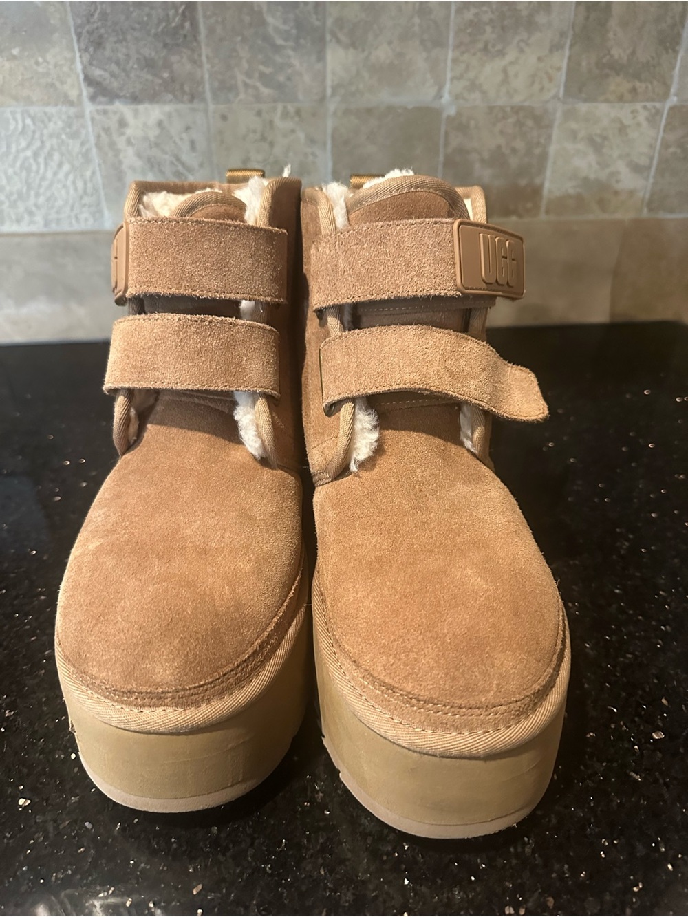 UGG Chestnut Suede Shearling Strap Platform Sneakers